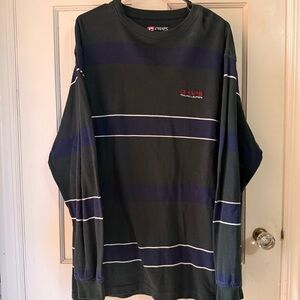 Vintage Ralph Lauren (Chaps) Men's Dark Green & Navy Striped Long Sleeve Tee